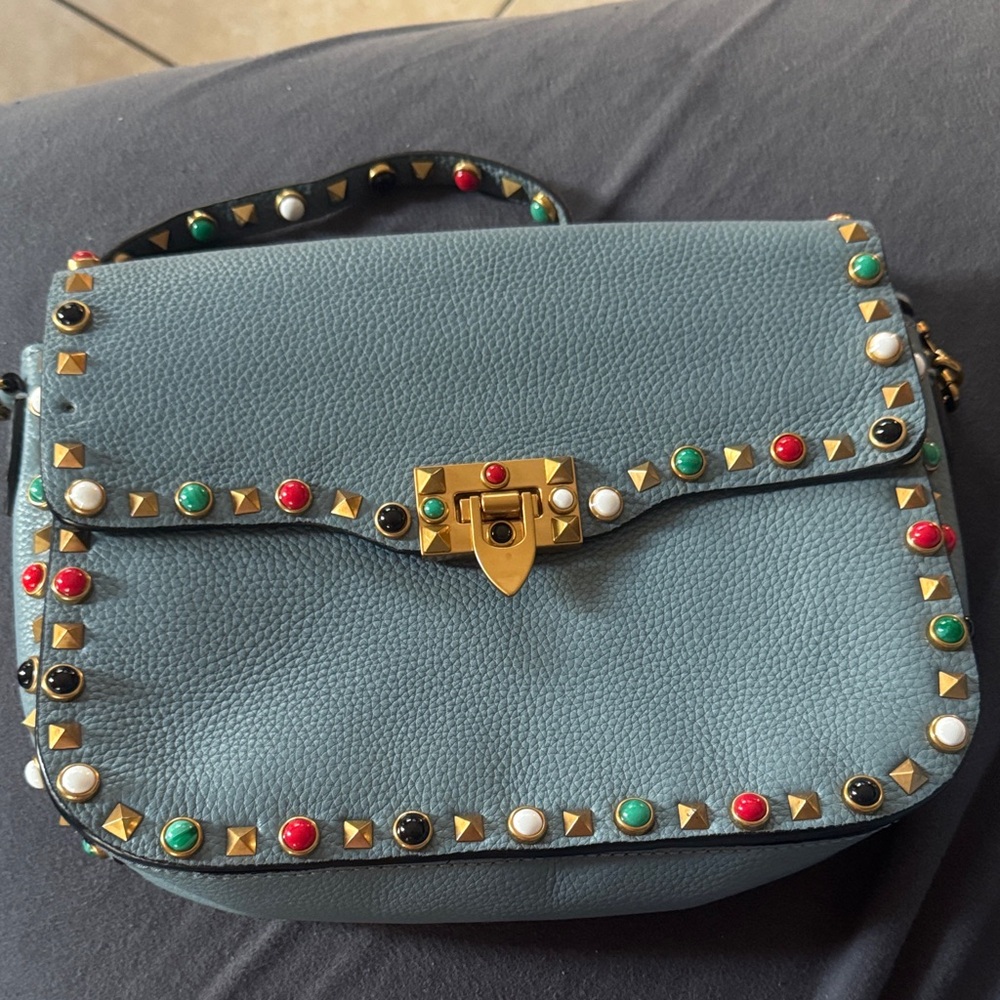 Studded Blue Leather Shoulder Bag